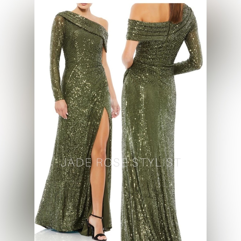 Mac Duggal Olive Green One-Shoulder Sequin Gown